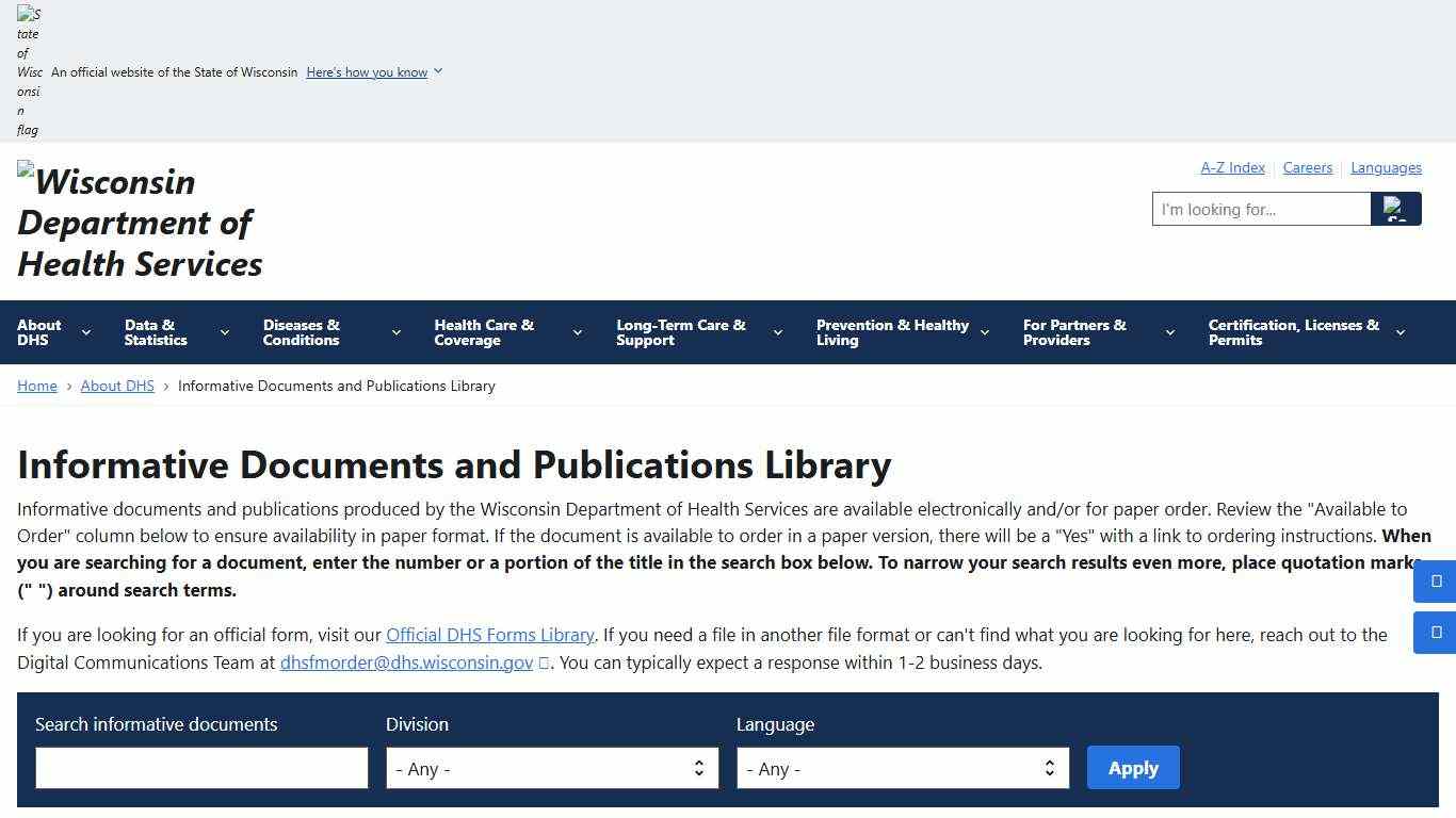 Informative Documents and Publications Library Wisconsin Department of Health Services