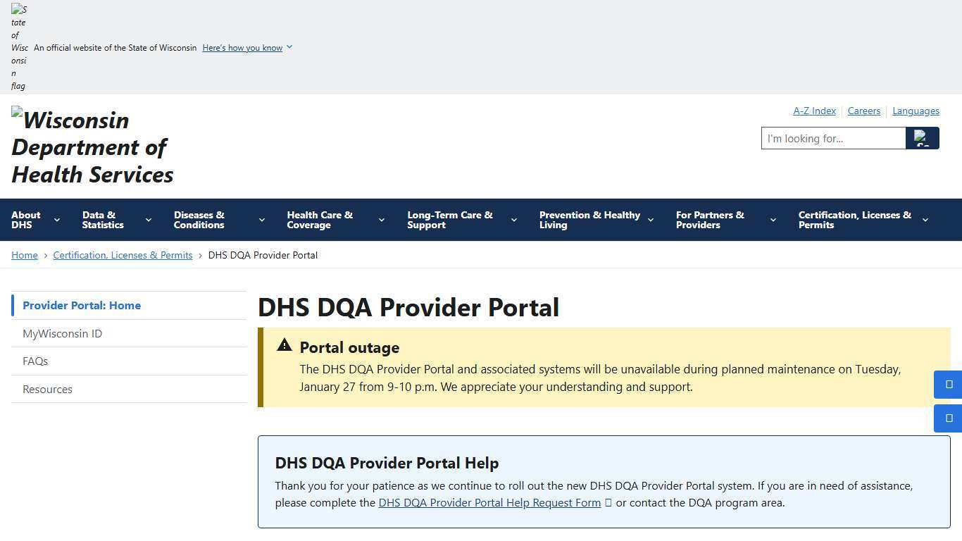 DHS DQA Provider Portal Wisconsin Department of Health Services